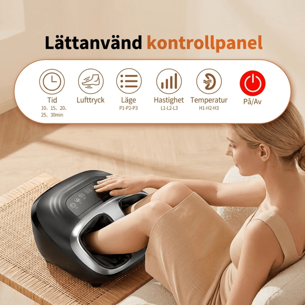 Tjej använder footmasagern med text om hur lätt den är att använda