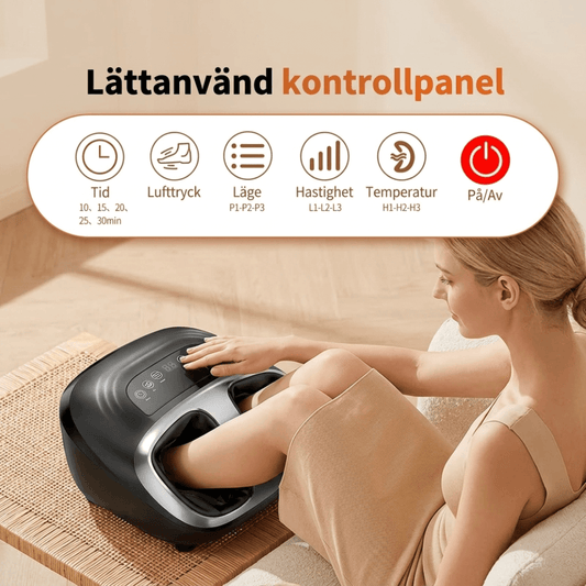 Tjej använder footmasagern med text om hur lätt den är att använda