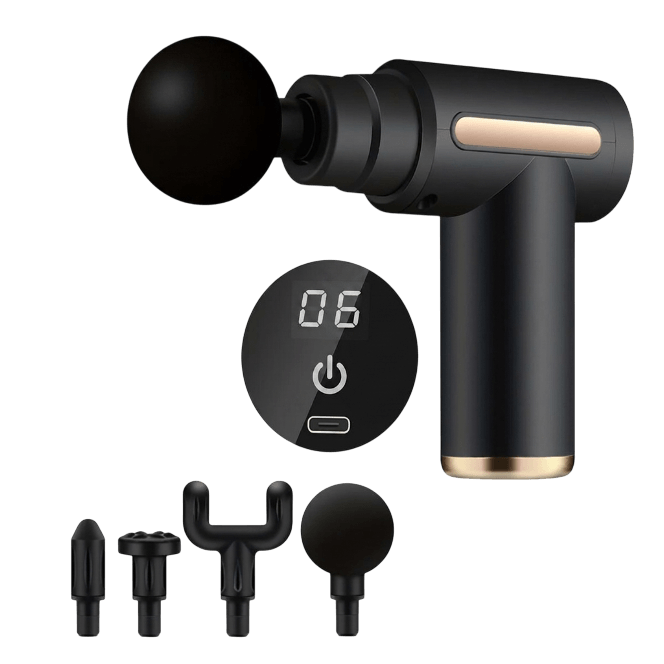 Svart Mini Massagepistol med 4 huvud