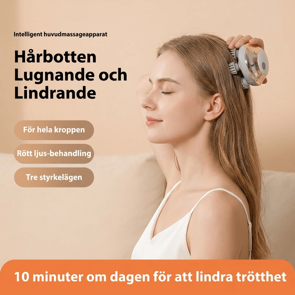 Kvinna använder H4 hårbottenmassagerare för att lindra spänningshuvudvärk och stress