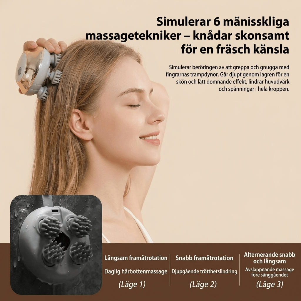 H4 hårbottenmassagerare med tre lägen: långsam rotation för daglig massage, snabb för trötthet och alternerande för avslappning