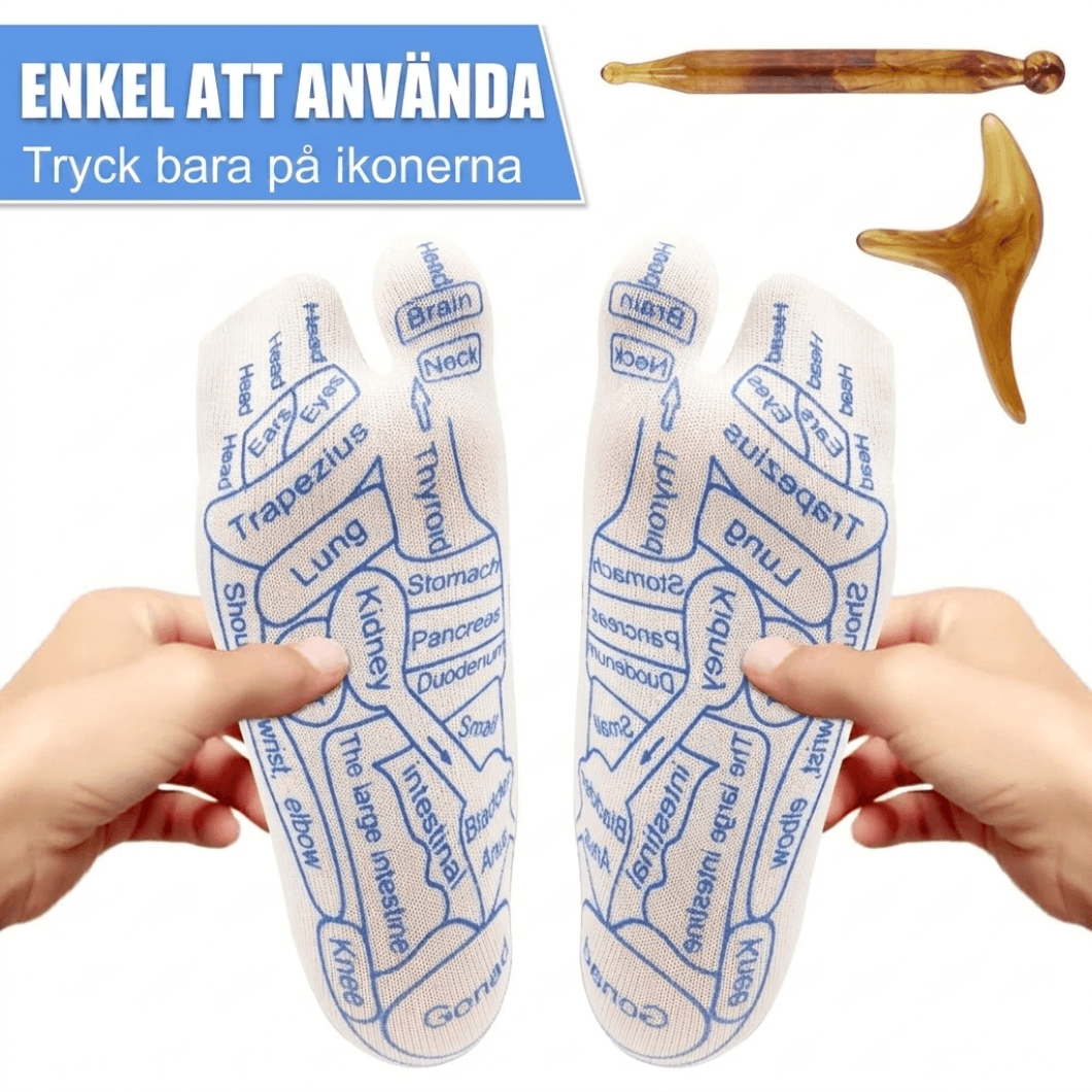 Reflexologi-strumpor med tryckta TCM-zoner och två massagepinnar i harts — lätt att använda